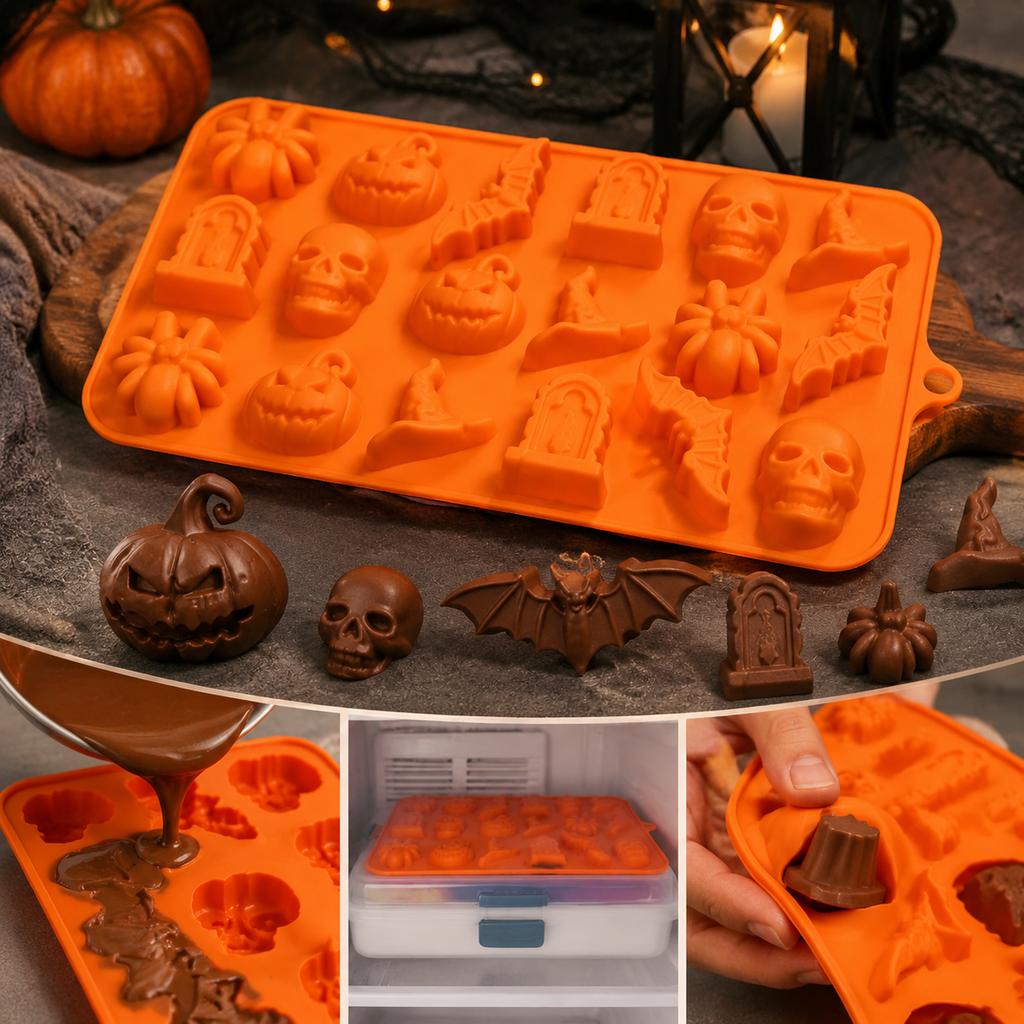 Halloween Silicone Chocolate Mold with Pumpkin Skull Bat Tombstone and Witch Hat Shapes for Baking Treats