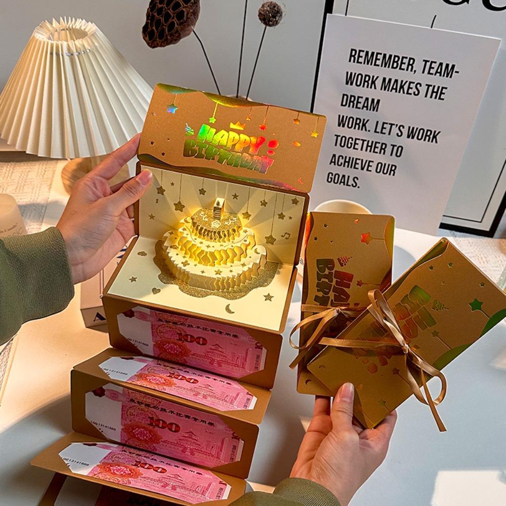 3D pop-up красная конверт-открытка на день рождения 6 кармашков для карт Складная музыкальная открытка со светом Красная золотая конверт-открытка на день рождения