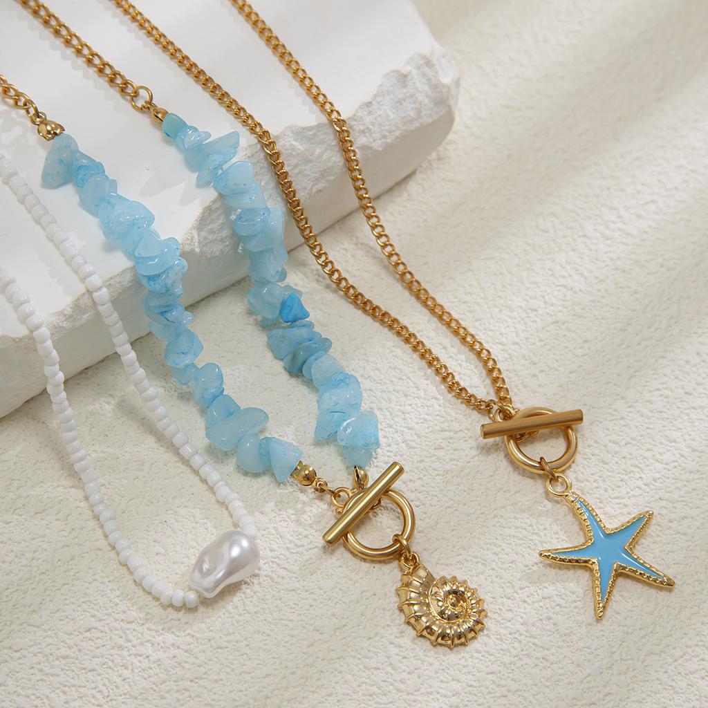 3Pcs/Set Irregular Blue Stone Chain Necklace Women Boho Conch Starfish Pendant Y2K Jewelry Beads Choker