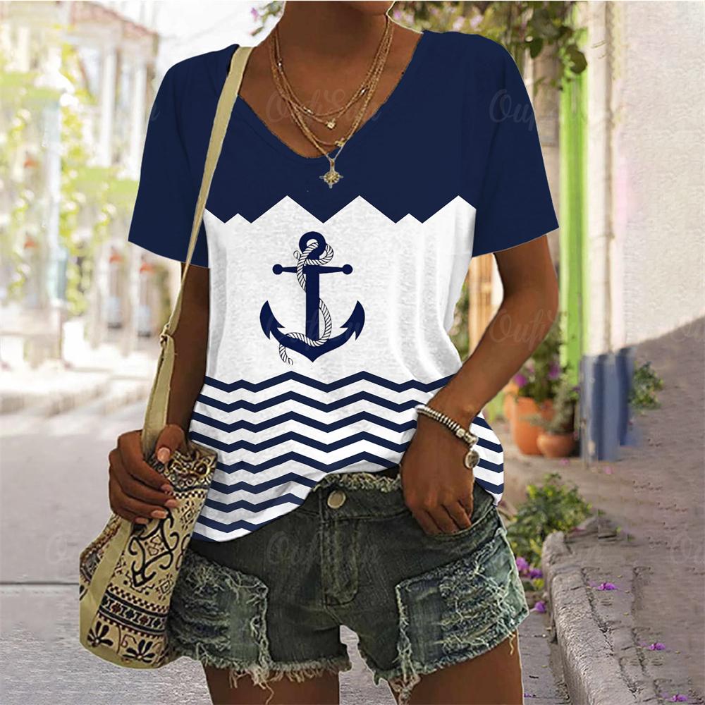 Летние футболки большого размера с принтом якоря, топ для женской одежды, женская модная футболка с v-образным вырезом, большие размеры 2024, новый стиль, футболка для женщин