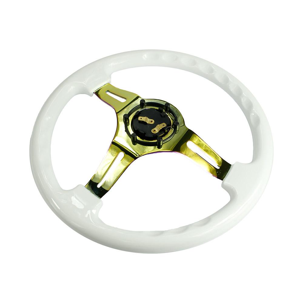 YOMI Universal Black White Car Sport Steering Wheel ABS Material 350mm 14 Inch With Chrome Spokes 6Holes