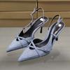 Fashion 2024 Summer Designer Women's Shoes Cross Belt Buckle Shallow Mouth Pointed Denim High Heeled Modern Office Sandals for Lady