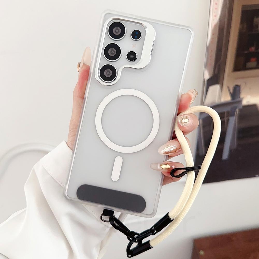 Wrist Strap Lanyard Lens Stand Holder Matte Magnetic Case For Samsung S24 FE S25 Ultra S23 Plus Shockproof Hard Bumper Cover