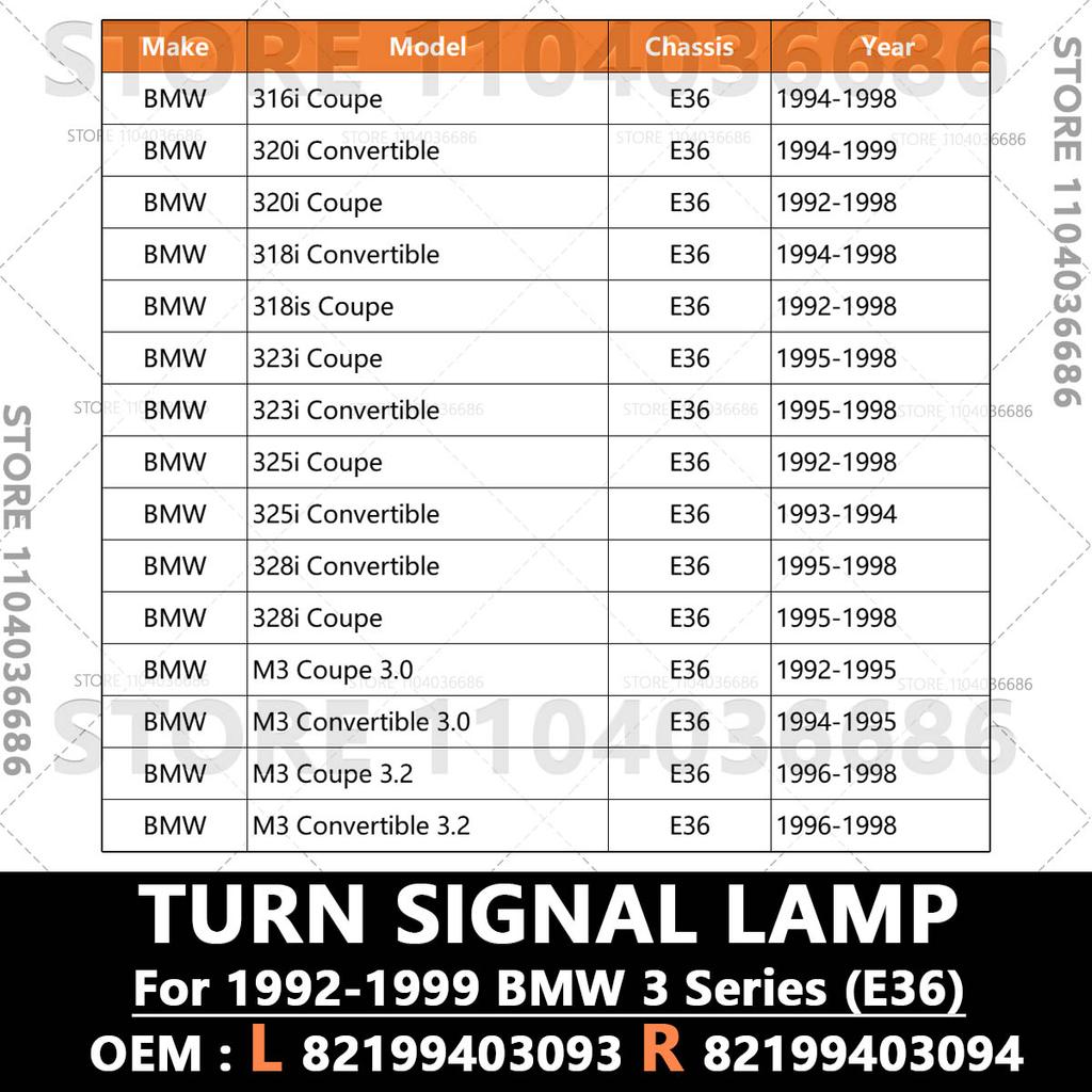 For 1992-1999 2 DOOR BMW 316i 318i 320i 323i 325i 328i M3 (E36) Turn Signal Lamp 82199403093 82199403094 63138353281 63138353282