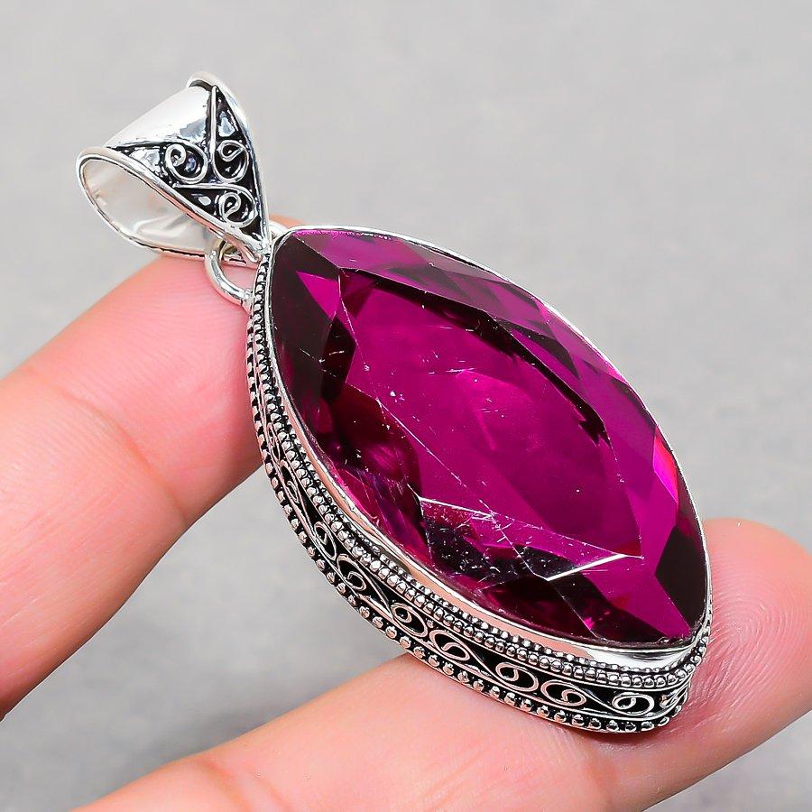 Pink Tourmaline Vintage Pendant 2.4" Silver Tone Marquise Cut Gemstone Jewelry
