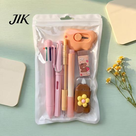 Primary Secondary School Stationery 7PCS Set, Macaron Color Gel Pens/Correction Tape/Cutter/Eraser Include, Learning Supplies Portable Kit with