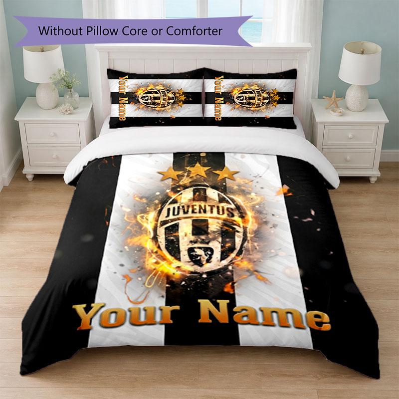 Juventus FC Custom Name Text Bedding Set 1 Duvet Cover+2 Pillowcases Soccer Logo Personalized Gift For Special Occasion Bedroom Decor