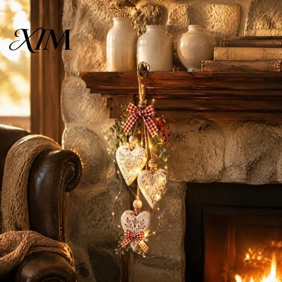 Wooden Hanging Ornaments for Home Heart-Shaped Decorative with LED Light, Rustic Farmhouse Heart Wall Pendant Indoor Decorations Bedroom Vintage Beads