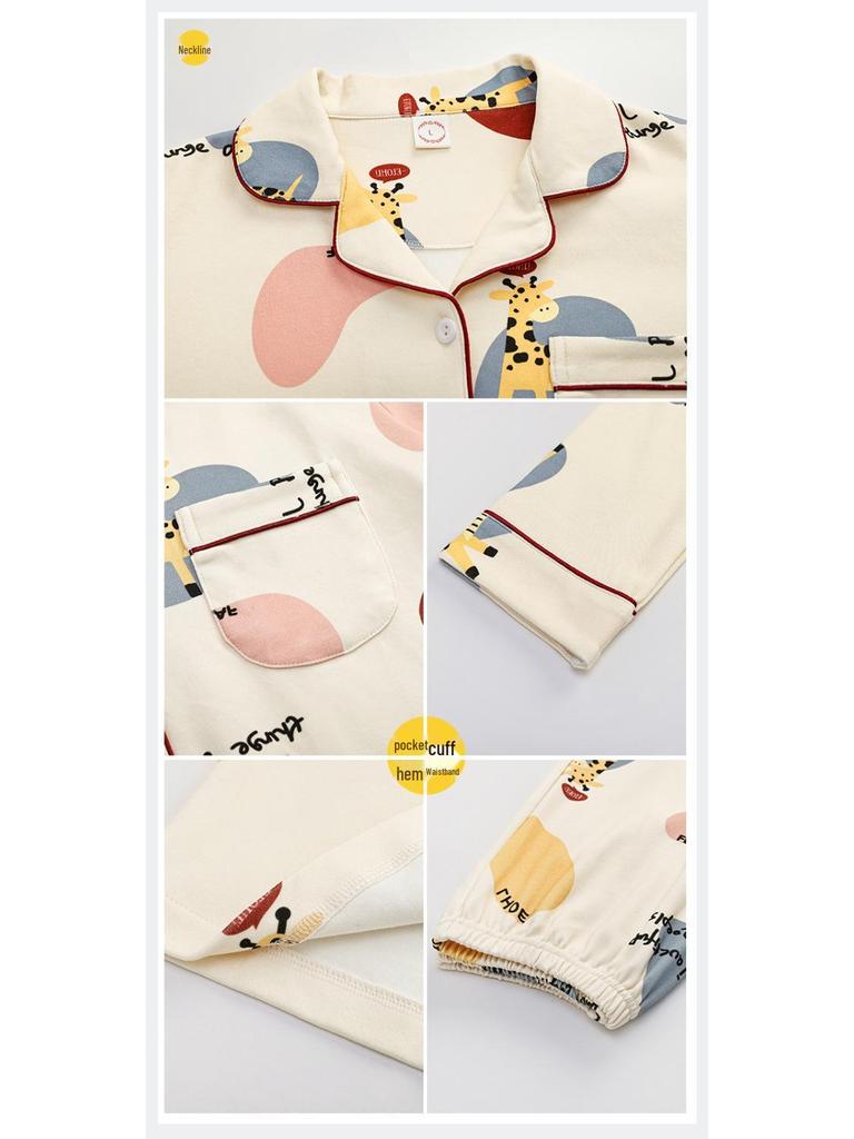 Женский пижамный комплект в корейском мультяшном стиле - 100% хлопок, с длинным рукавом, подходит для весны, осени и зимы, с кардиганом для домашней носки.