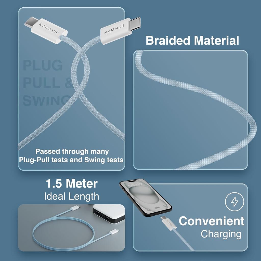 Кабель HAMMER Type C - Type C, 65 Вт, плетеный, быстрая зарядка PD, синхронизация данных, неспутывающийся провод длиной 1,5 метра, совместим со всеми устройствами с поддержкой C-Type (синий)