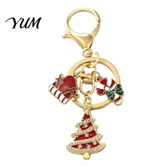 Christmas Party Supplies Santa Tree Snowman Keychain, Golden Plated Zinc Alloy Holiday Bag Charms Handbags Decorative Accessory with Lobster