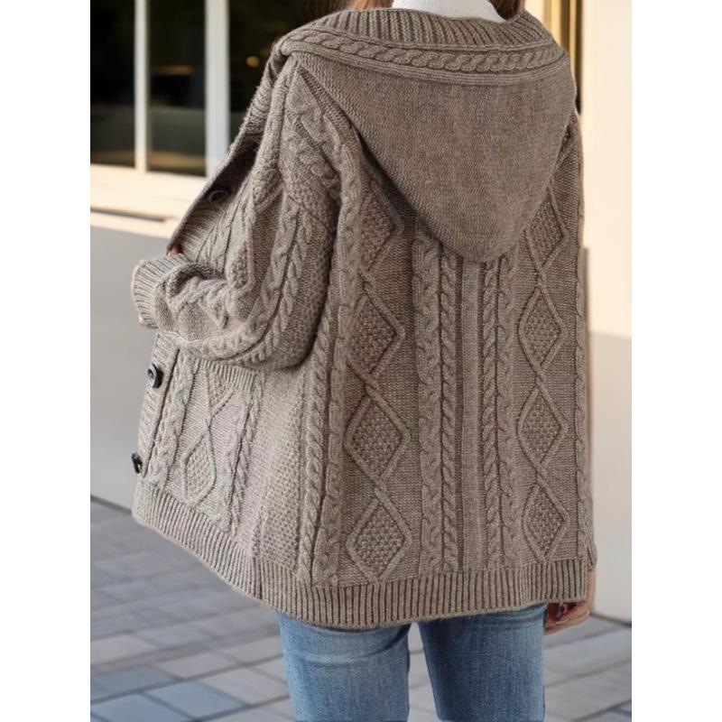 Tooxika Женская одежда 2024 Осень и зима Новый ретро жаккардовый однотонный вязаный кардиган женский повседневный свитер с капюшоном куртка