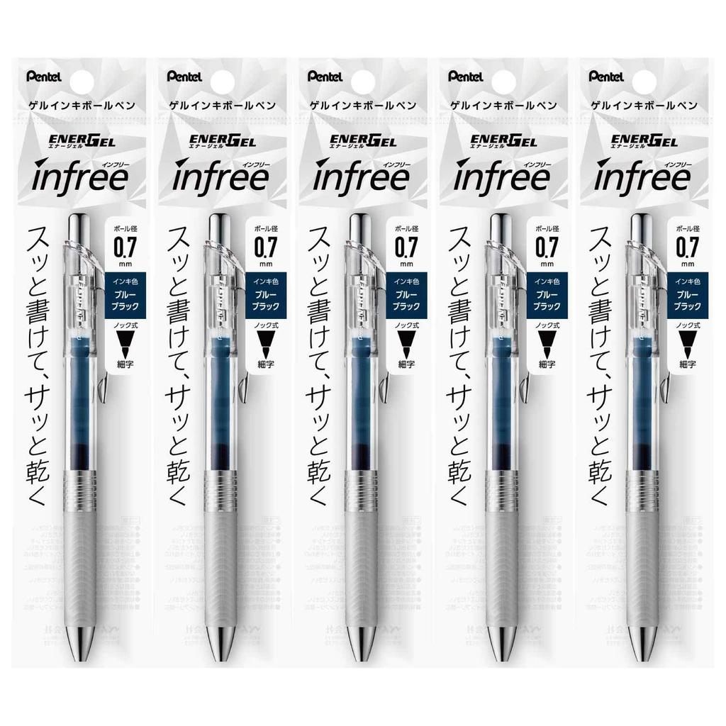 Pentel Ballpoint Gel EnerGel Clear 5 Pens Pens, Ink, Infree, 0.7mm, Barrel, Blue-Black, XBL77TL-CA,