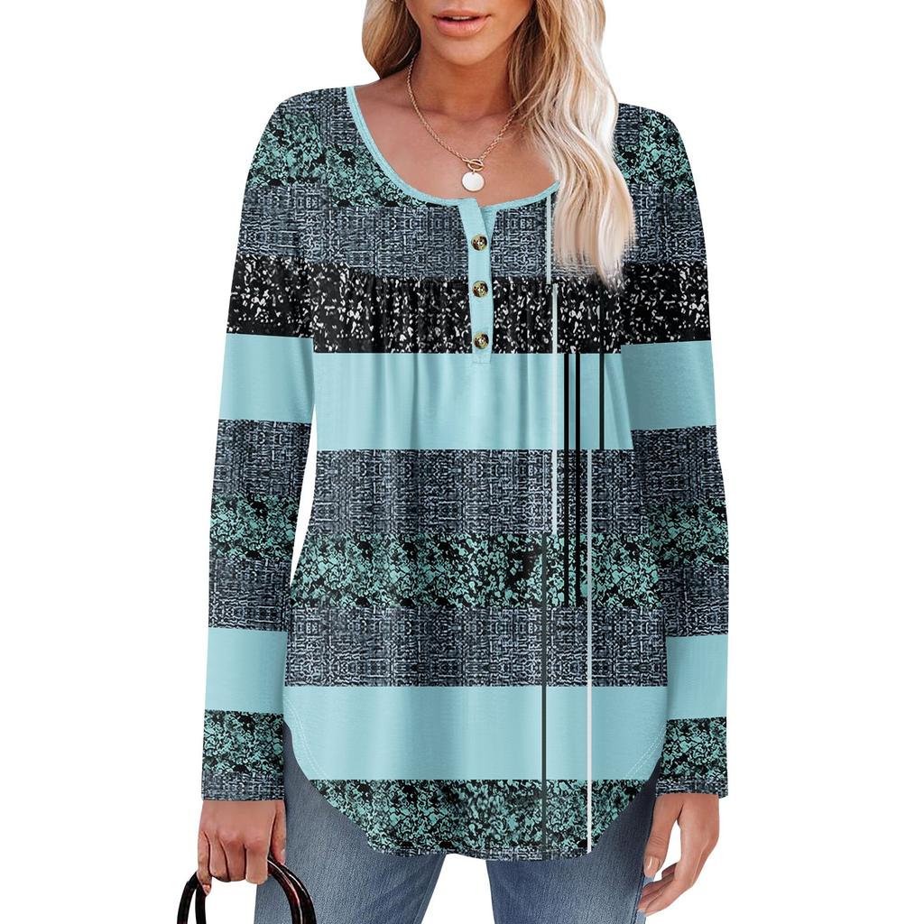 Женская туника с длинным рукавом, свободные топы, повседневные топы оверсайз, плиссированная туника, застегивающаяся на пуговицы, повседневные женские топы с принтом