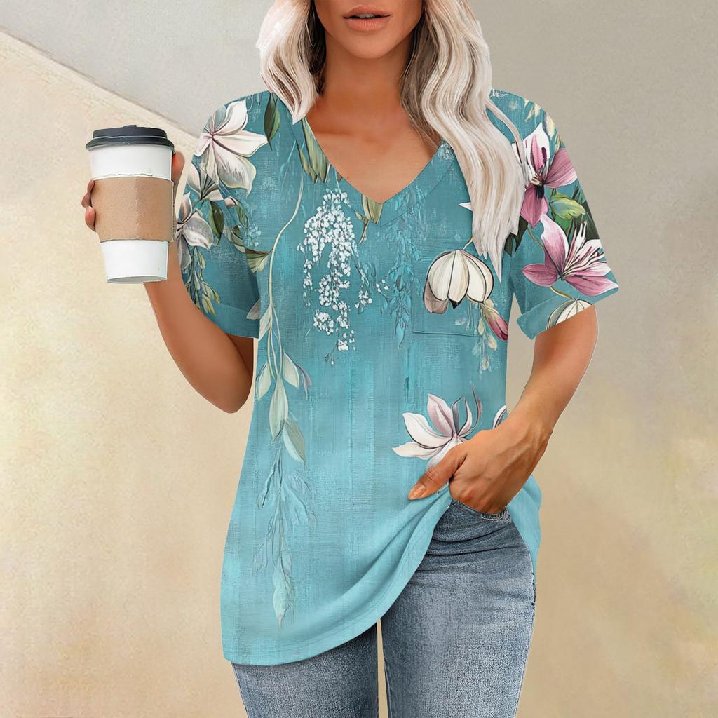 Women's Fashion Pocket V-neck Short Sleeve Plant Floral Print T-shirt Top
