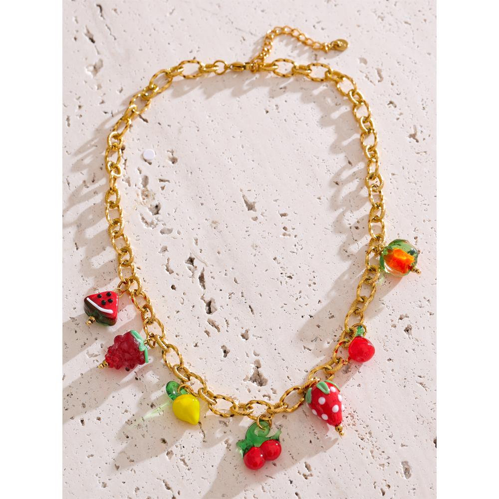 Yhpup Sweet Spring Summer Colored Glaze Fruit Charm Pendant Necklace Gold Color Stainless Steel Trendy Jewelry for Girls Ladies