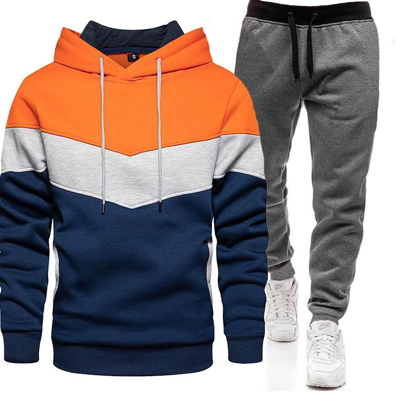 Sports Suit Men's Autumn Winter Plus Size Loose Hooded Sweatshirt Sweatpants Color Blocked 2-piece Set Light Plate