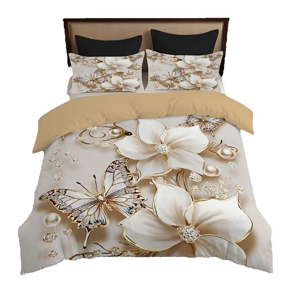 3pcs Champagne Bedding Set Pearl Flower Print Cozy Duvet Cover King Queen Twin Size Birthday Gift for Girl Adult Bedroom Decor