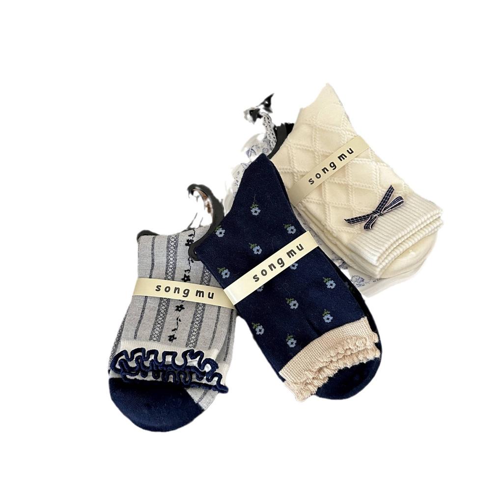 Socks Girl Full Of Printed Flowers Cotton Socks Girl Vintage Fungus Mid-Tube Women'S Bow Socks Cute Polka Dots