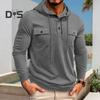 Fall Spring Men Top Drawstring Chest Pockets Buttoned Hooded Long Sleeves Pure Color Elastic Cuff Mid Length Sport Casual Hoodie