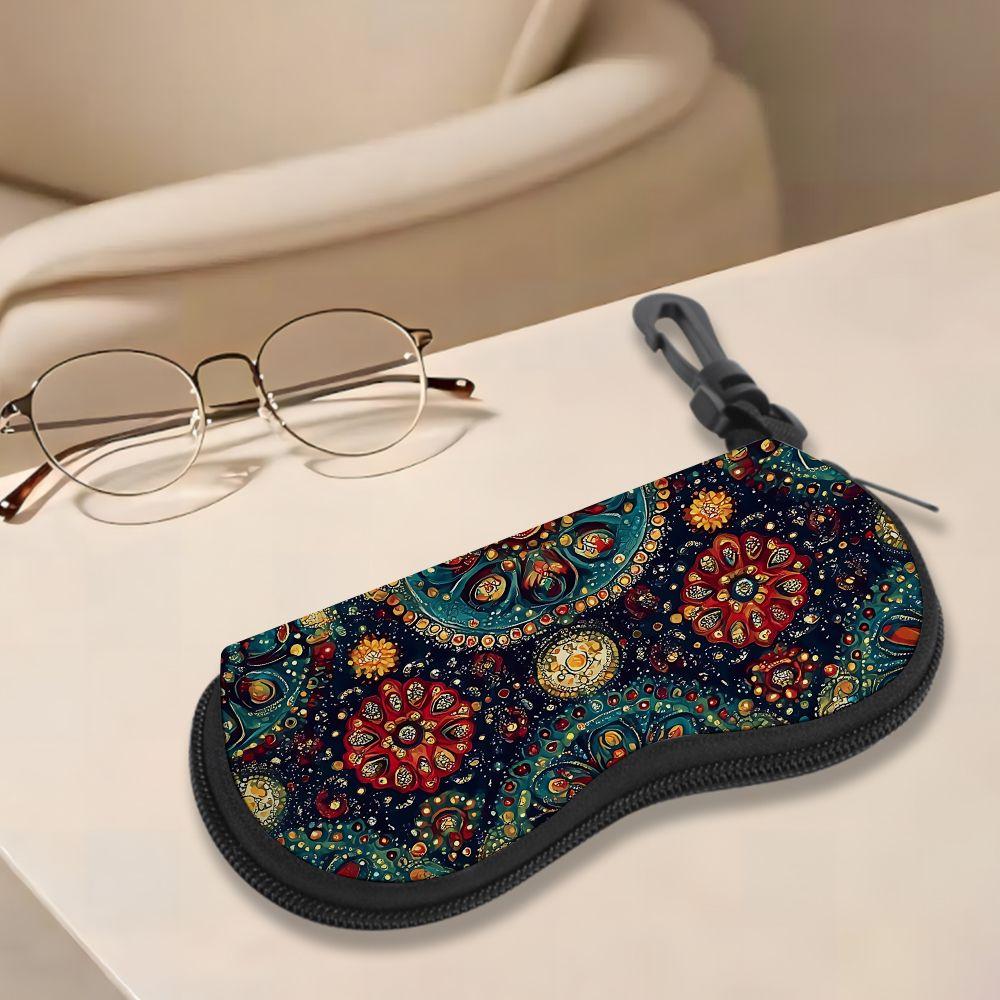 2D-Bohemian Floral Mandala Print Sunglasses Case, Vintage Ethnic Pattern Eyeglasses Holder, Protective Zipper Eyewear Organizer for Travel