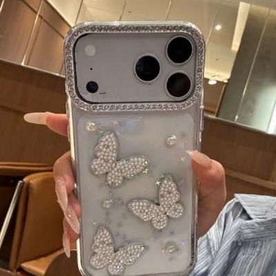 Элегантный чехол для iPhone 16/17 Pro Max 15 Pro с бабочкой из смолы и жемчуга, женская защитная крышка с роскошным дизайном