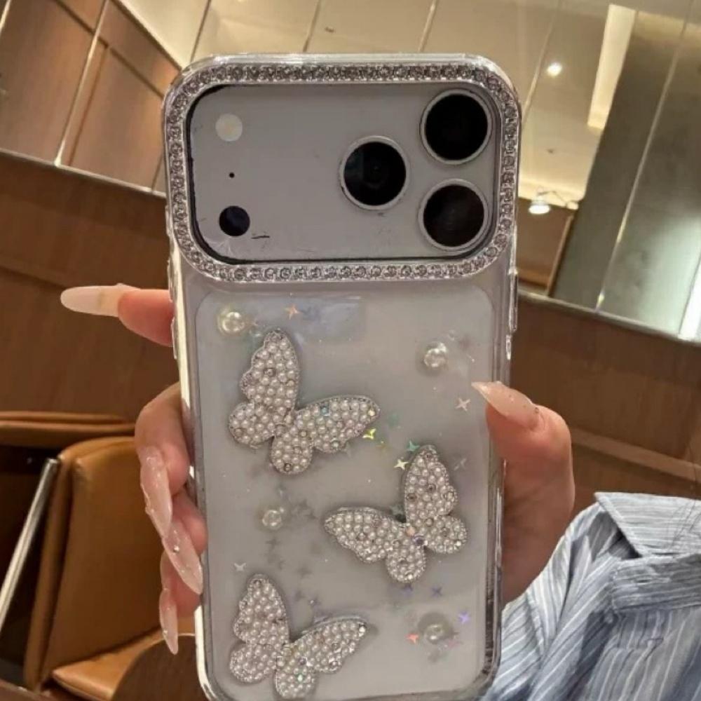 Элегантный чехол для iPhone 16/17 Pro Max 15 Pro с бабочкой из смолы и жемчуга, женская защитная крышка с роскошным дизайном