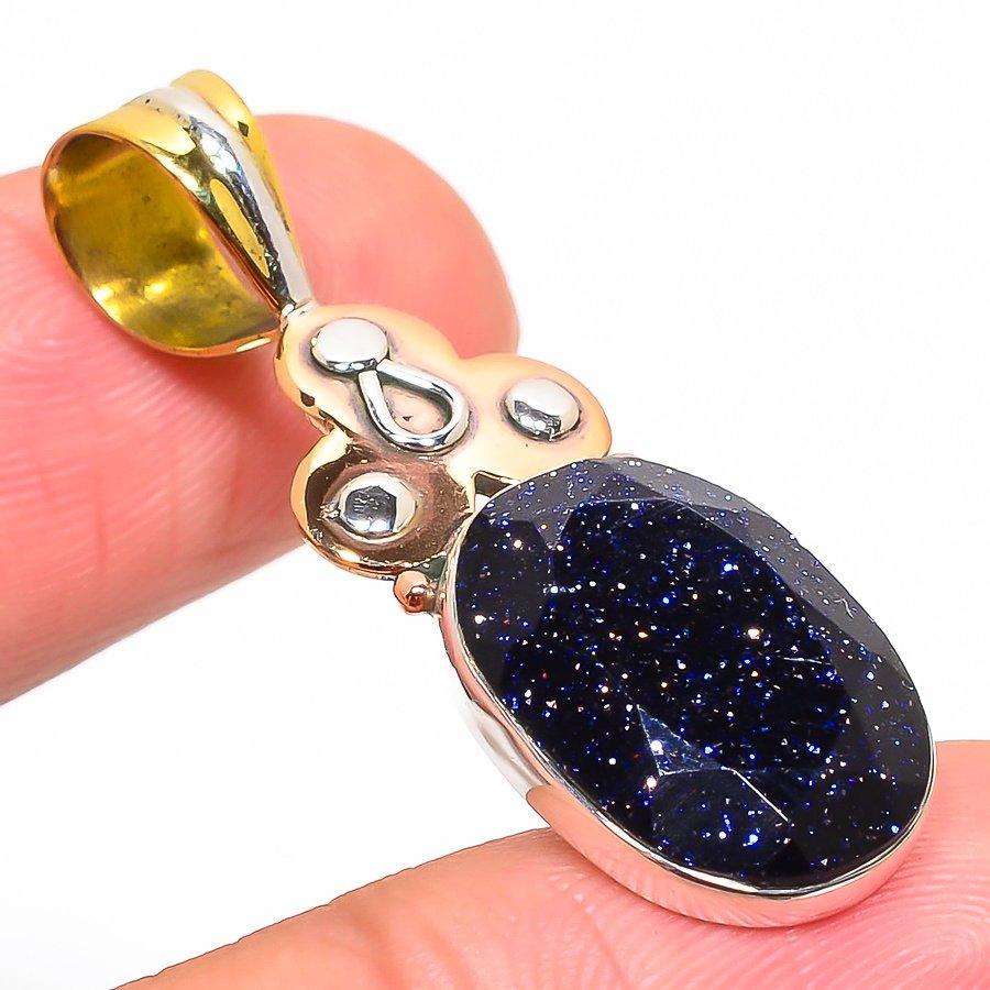 Подвеска из натурального синего солнечного камня в двух тонах из цельного стерлингового серебра 925 пробы 1,50 дюйма H1k09