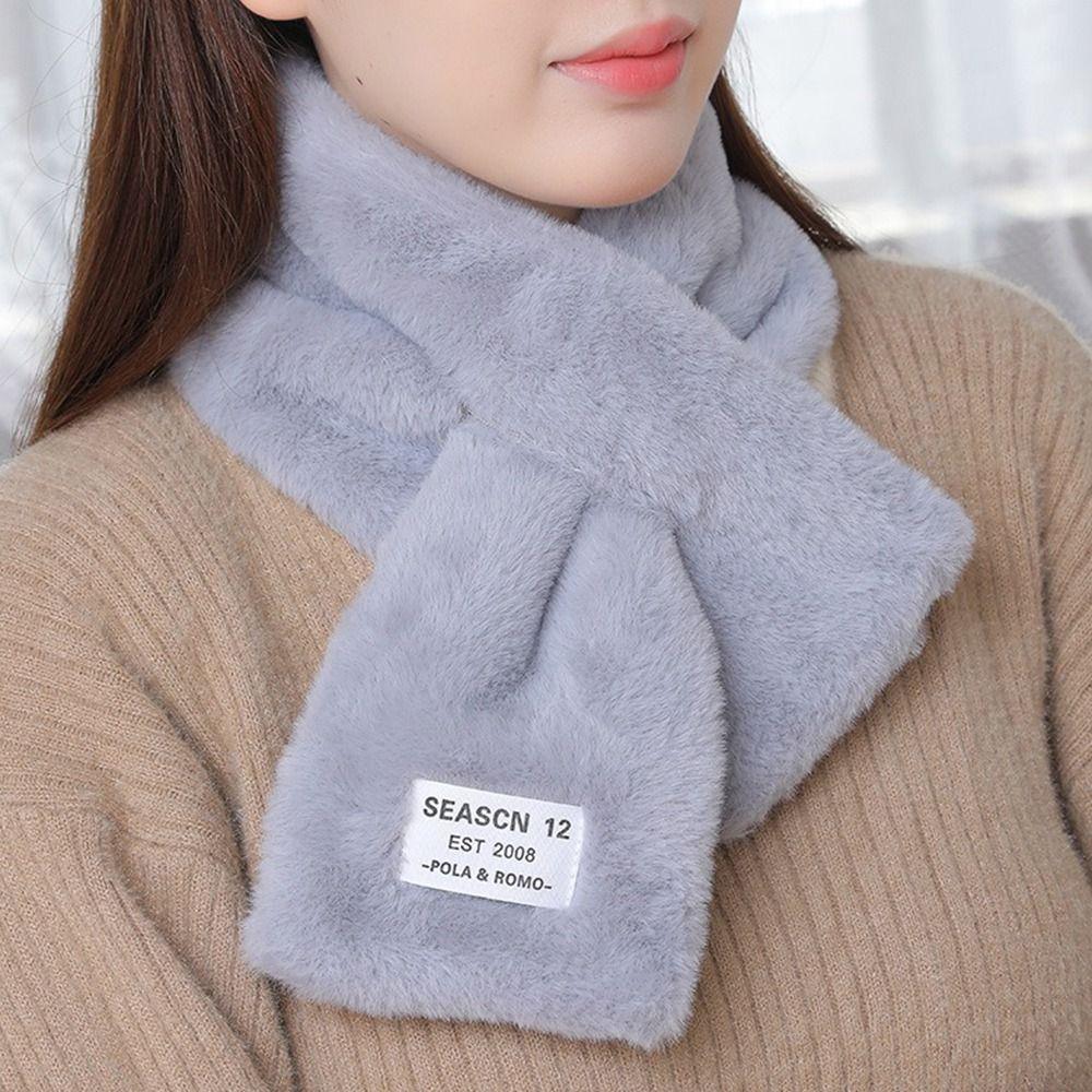 Faux Rabbit Fur Plush Neck Scarf Solid Color Neckerchief Wrap Cute Cross Scarf Women