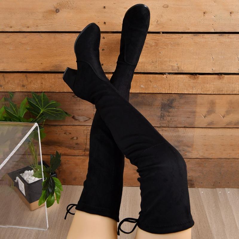 2024 New Spring and Autumn Fashion High Quality Women's Boots Solid Color Round Toe Suede Medium Heel Lace Up Women's Boots