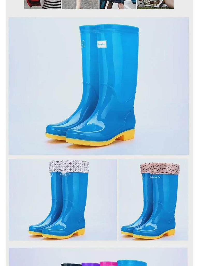 Adult Velvet-Lined Non-Slip Waterproof High-Top Kitchen Rain Boots - PVC Ladies' Work Shoes