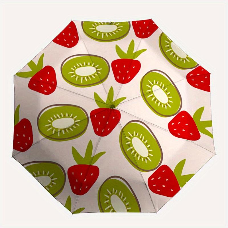 1pc Kiwi Strawberry Automatic Open/close Folding Compact Umbrella, 8-Rib Sturdy Canopy, Lightweight Portable, Everyday Use, Gift, Outdoor Umbrella, Tr