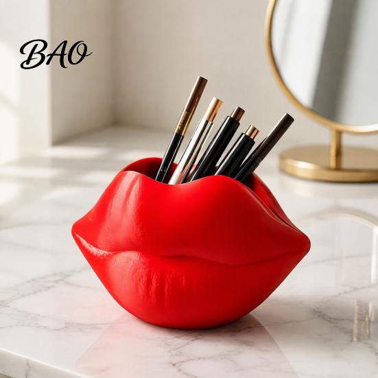 Fashionable Cosmetic Organizer Lip Shaped Storage Holder, 3D Printed Red Sculpture Vase, Artistic Small Item Box Desktop for Makeup Brushes