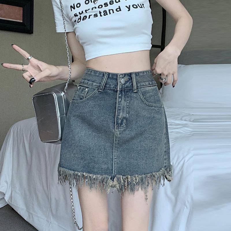 Classic Versatile Youthful Raw Edge Fringe Bustier Skirt Retro High Waist Casual Thin A-line Package Hip Ladies Summer Fashion Denim Short Skirt