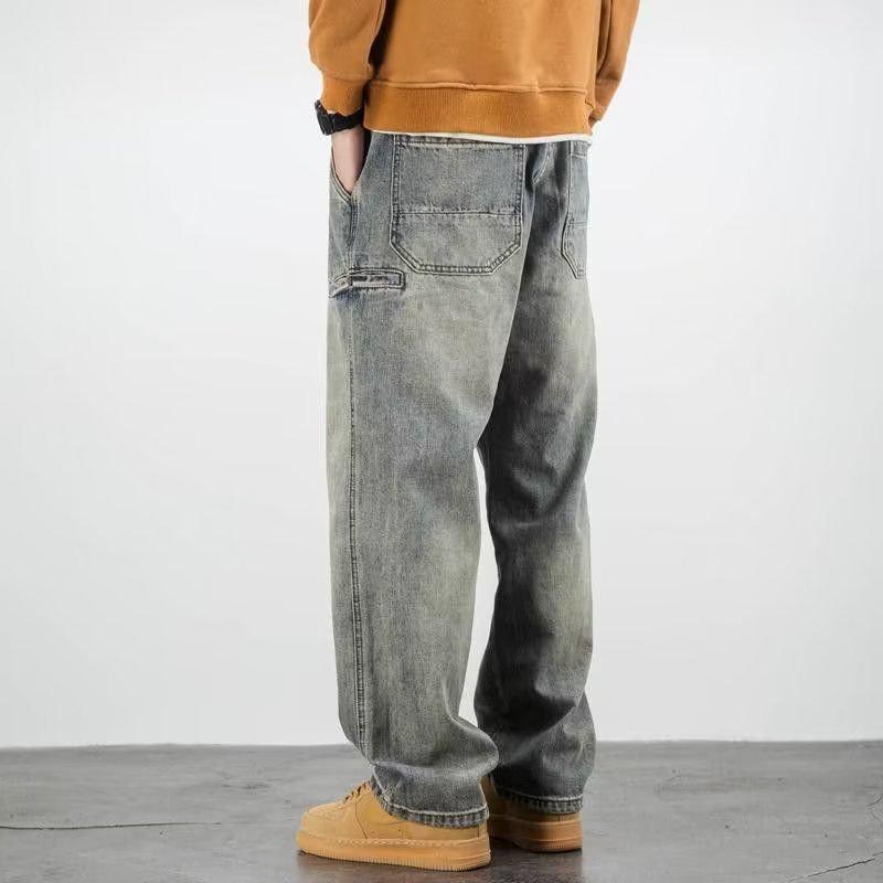 Men's Retro Wide-Leg Straight Jeans - Casual Spring/Autumn Drape Trousers