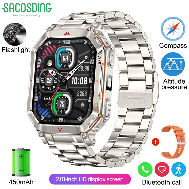 New Smart Watch GPS Sports Men Compass LED Flashlight Altimeter Barometer Bluetooth Call 3ATM Waterproof AMOLED Screen Smartwatch 450mAh