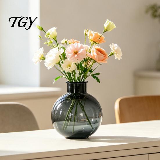 Decorative Vessel for Green Plants Clear Round Resin Vase, Transparent Sphere Flower Pot with Jute Small Vase Dried Flowers Bow, Modern Plastic
