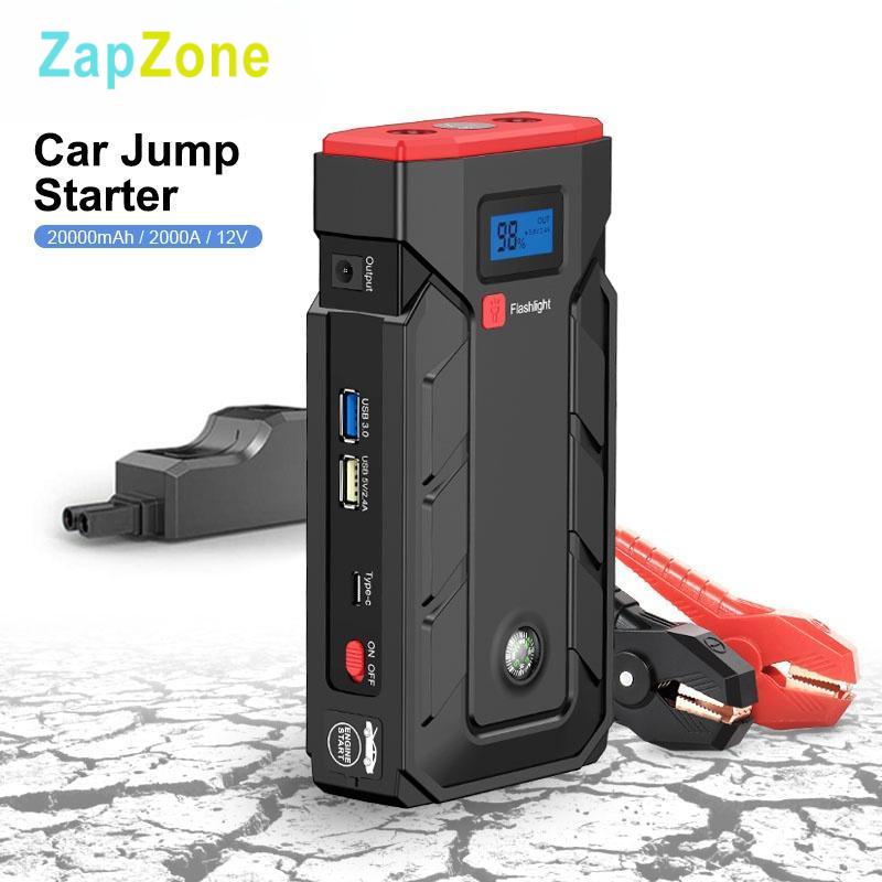 ZapZone 20000mAh Car Jump Starter 2000A - Портативный аварийный усилитель аккумулятора с двумя зарядными устройствами USB, подходит для разряженных автомобильных аккумуляторов и телефонов