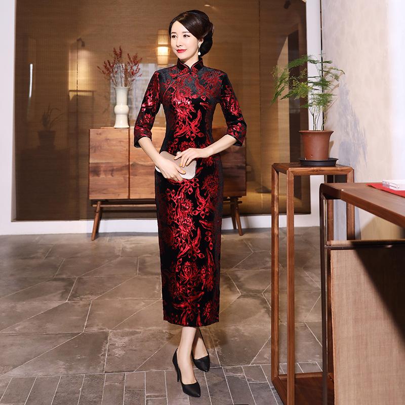 Autumn and winter velvet cheongsam long daily banquet long seven-quarter sleeve large size cheongsam women's performance clothes