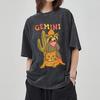 Gemini Cartoon Print Women T-Shirt Washed Denim Oversized Loose Crew Neck Couple Half Sleeve Unisex Cute Casual Retro Style Top