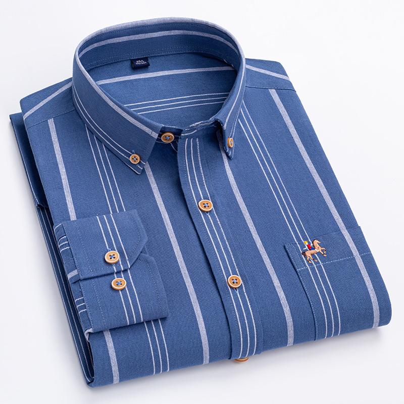 New Cotton Oxford Long Sleeve Business Men Striped Shirts Regular Fit Logo Male Casual Plaid Shirts with Front Pocket