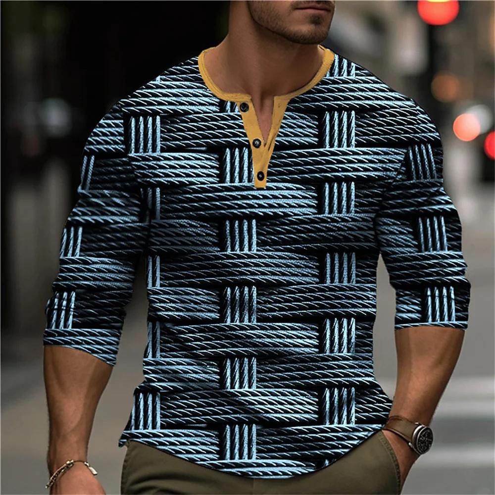 Осенняя рубашка-henley с блоками цвета и пэчворком, 3D-печать, мужская мода, винтажная, на пуговицах, с длинным рукавом, мужские футболки, топы, одежда