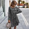 Autumn Spring Dot Print Loose Dress Knee-Length A-Line O-neck Button Black Green Red Navy S-XL