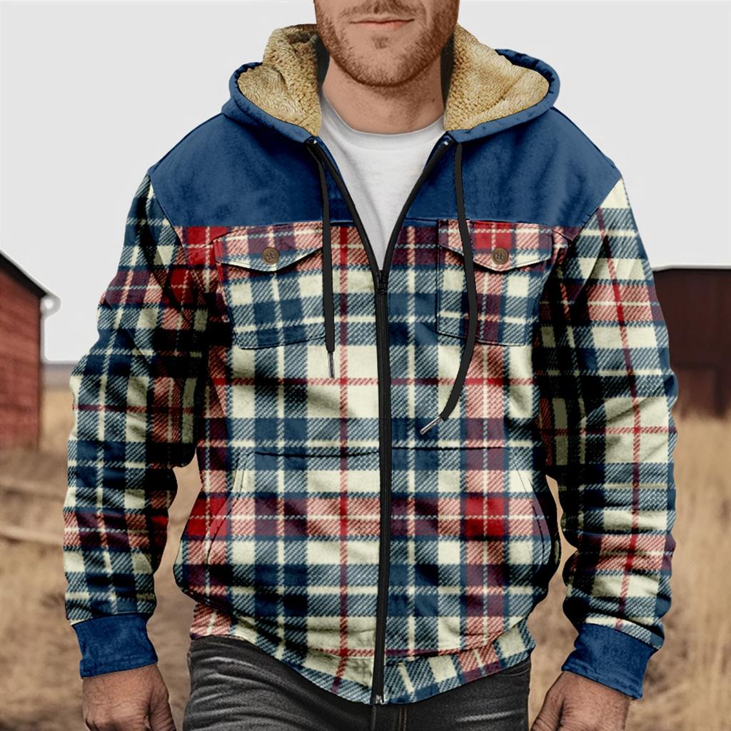 Men's Plaid Print Double Pocket Jacket Men's Spring And Autumn Casual Trend Zipper Hooded Jacket