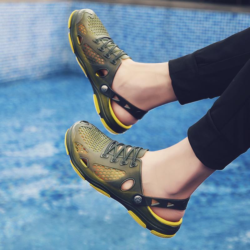 Летние мужские сандалии, пляжные тапочки, модные уличные тапочки, повседневная пляжная обувь для водного спорта, дышащие полые шлепанцы, дешевые мужские кроссовки Aqua