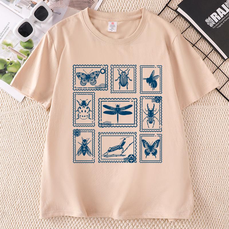 Insect Stamp T Shirt Unisex Unisex Vintage Bug Lover Tee Cotton Short Sleeve Crewneck Tshirt Nature Lover Tshirts Clothing