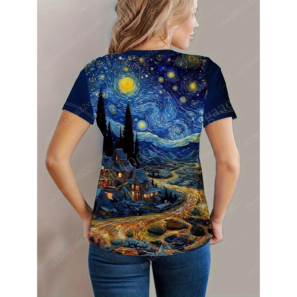 The Starry Night Van Gogh T Shirt Summer Women Crew Neck T-Shirt 3D Print Short Sleeve Top Vintage Clothes Oversized Tees