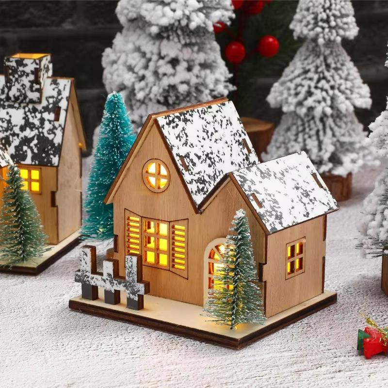 Светодиодная Деревянная Рождественская Деревня Неокрашенный Рождественский Снежный Дом Сделай Сам Деревянное Шале Украшения на Елку Рождественские Украшения для Стола