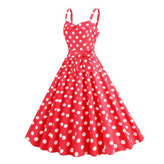 Women Vintage Dress 50s Retro A-line Big Swing Sleeveless Dot Print Contrast Color Elastic Bust High Tight Waist Backless