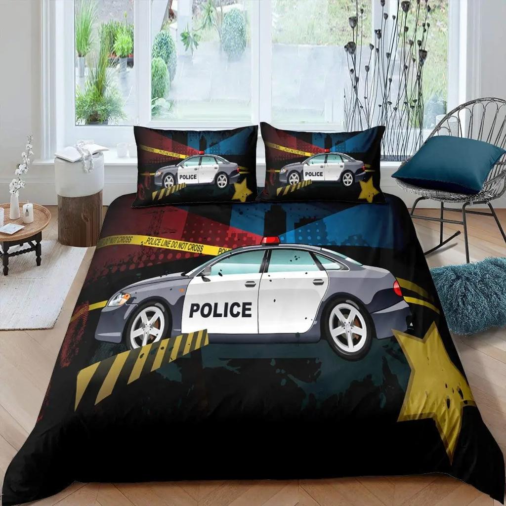Police Car Duvet Cover Set King Queen Size Polyester Quilt Cover Cartoon Car Pattern For Kids Teens Bedding Set With Pillowcase